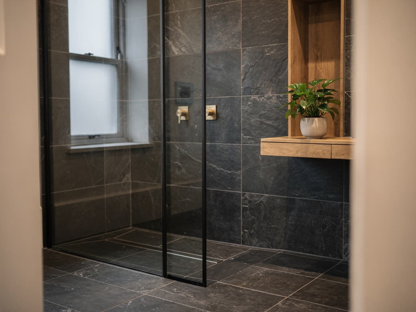 Walk-in shower with large format tiles